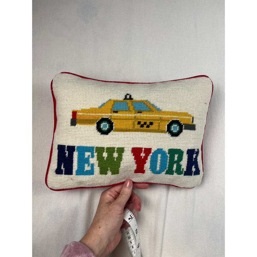 Jonathan Adler New York City Taxi Needlepoint Throw Pillow Red Velvet Back 12x8